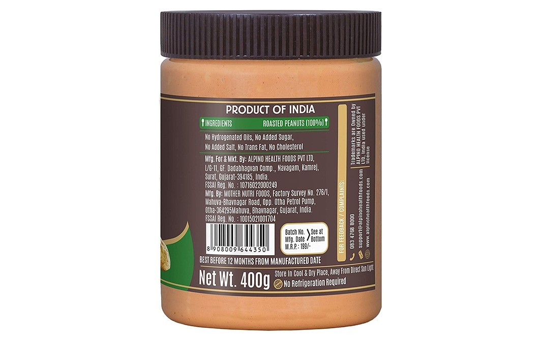 Alpino Unsweetened Peanut Butter Natural Smooth   Plastic Jar  400 grams